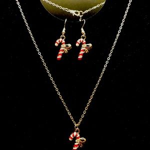 Christmas Candy Cane Necklace & Earrings Set